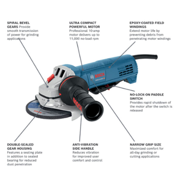 BOSCH 4-1/2 In. Ergonomic Angle Grinder with No Lock-On Paddle Switch