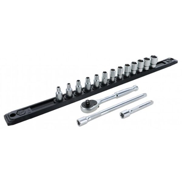 Wiha 1/4 Inch Drive 6 Point Socket Set 4-14mm with Ratchet and Extensions 16-Piece