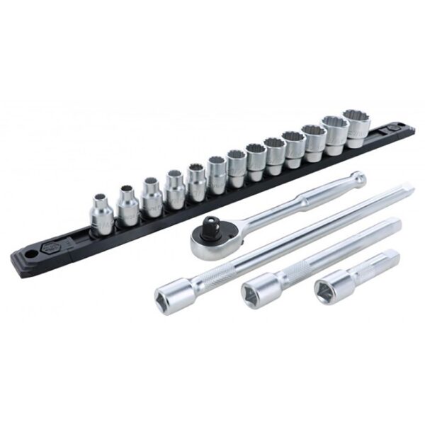 Wiha  3/8 Inch Drive 12 Point Socket Set 1/4 to 7/8″ with Ratchet and Extensions 13-Piece