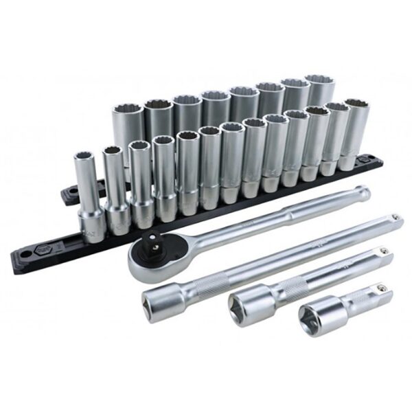 Wiha 1/2 Inch Drive 12 Point Deep Socket Set 10-32mm with Ratchet and Extensions 25-Piece