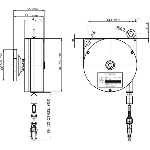 Tigon  Retractable Spring/Tool Balancer, (Load Capacity: 2.5-5.0 kg/5.5-11 lbs) Steel Cable, Tool Hanger & Fixture Holder